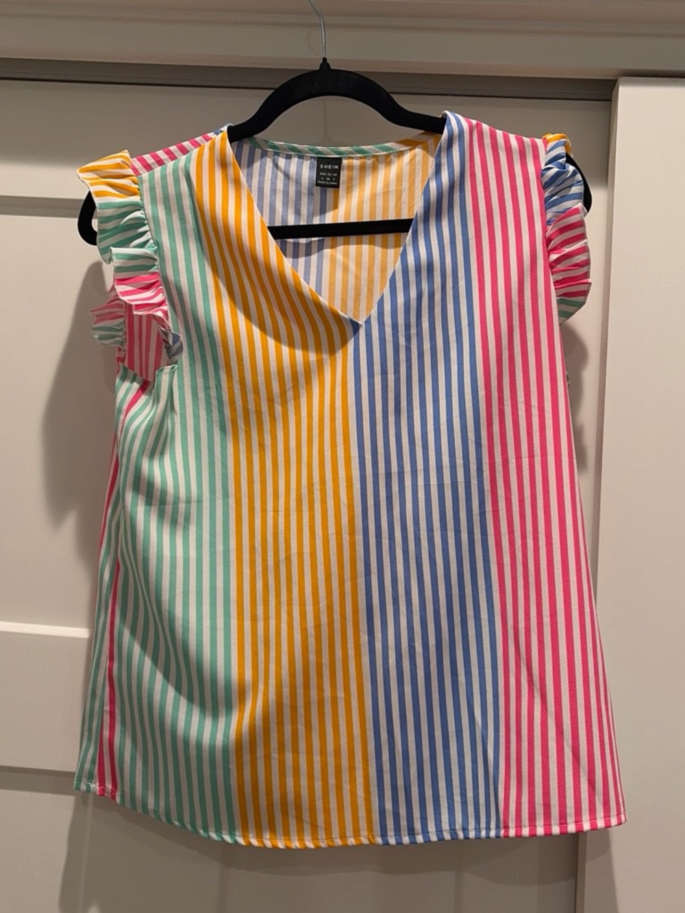 SHEIN Multicolor Vertical Stripe Ruffle Sleeve Top